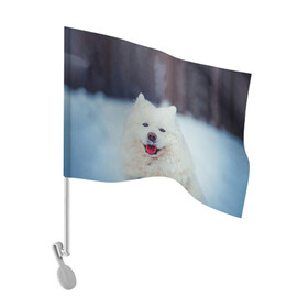 Флаг для автомобиля с принтом САМОЕД в Тюмени, 100% полиэстер | Размер: 30*21 см | animals | dog | winter | домашние | друг | животные | звери | зима | лайка | пес | песель | природа | пушистый | самоед | собаки | собачка | хаски