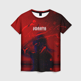 Женская футболка 3D с принтом SONATA в Тюмени, 100% полиэфир ( синтетическое хлопкоподобное полотно) | прямой крой, круглый вырез горловины, длина до линии бедер | брызги | девушка | капли | надпись | неоновый свет | ночной клуб | стекло