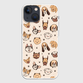 Чехол для iPhone 13 mini с принтом Хипстерские собачки в Тюмени,  |  | 100 эко | dog | dogs | hipster | old school | pattern | retro | vintage | бульдог | винтаж | дог | лапки | мопс | на стиле | нарисованные | отпечаток | паттерн | псы | пудель | ретро | рисунки | рисунок | скетч | следы лап | стиль