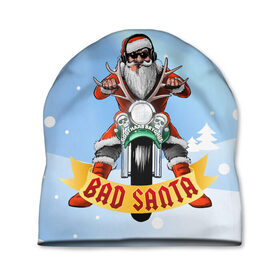 Шапка 3D с принтом Bad Santa Biker в Тюмени, 100% полиэстер | универсальный размер, печать по всей поверхности изделия | Тематика изображения на принте: 