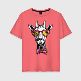 Женская футболка хлопок Oversize с принтом Жираф хипстер в Тюмени, 100% хлопок | свободный крой, круглый ворот, спущенный рукав, длина до линии бедер
 | butterfly | cool | ears | eyes | fashion | giraffe | hipster | horns | hype | muzzle | бабочка | глаза | жираф | круто | очки | рога | уши