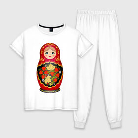 Женская пижама хлопок с принтом Матрешка Снегурка Хохлома в Тюмени, 100% хлопок | брюки и футболка прямого кроя, без карманов, на брюках мягкая резинка на поясе и по низу штанин | 