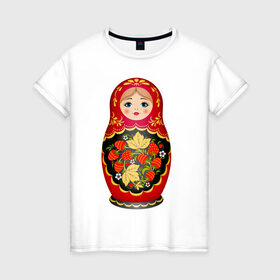 Женская футболка хлопок с принтом Матрешка Снегурка Хохлома в Тюмени, 100% хлопок | прямой крой, круглый вырез горловины, длина до линии бедер, слегка спущенное плечо | 