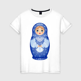 Женская футболка хлопок с принтом Матрешка Снегурка Гжель в Тюмени, 100% хлопок | прямой крой, круглый вырез горловины, длина до линии бедер, слегка спущенное плечо | 