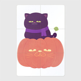 Магнитный плакат 2Х3 с принтом Хеллоуиновский кот в Тюмени, Полимерный материал с магнитным слоем | 6 деталей размером 9*9 см | арт | ведьма | кот | кошка | рисунок | сладость чупа чупс | тыква | хеллоуин | хэллоуин | чёрная кошка | чёрный кот | шарф