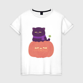 Женская футболка хлопок с принтом Хеллоуиновский кот в Тюмени, 100% хлопок | прямой крой, круглый вырез горловины, длина до линии бедер, слегка спущенное плечо | Тематика изображения на принте: арт | ведьма | кот | кошка | рисунок | сладость чупа чупс | тыква | хеллоуин | хэллоуин | чёрная кошка | чёрный кот | шарф