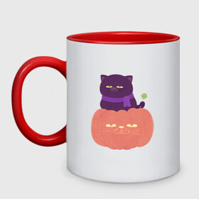 Кружка двухцветная с принтом Хеллоуиновский кот в Тюмени, керамика | объем — 330 мл, диаметр — 80 мм. Цветная ручка и кайма сверху, в некоторых цветах — вся внутренняя часть | Тематика изображения на принте: арт | ведьма | кот | кошка | рисунок | сладость чупа чупс | тыква | хеллоуин | хэллоуин | чёрная кошка | чёрный кот | шарф