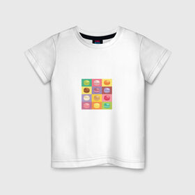 Детская футболка хлопок с принтом Macaron в Тюмени, 100% хлопок | круглый вырез горловины, полуприлегающий силуэт, длина до линии бедер | Тематика изображения на принте: macaron | еда | иллюстрация | макарон | печенье | поп арт | ретро | французский бисквит