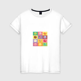Женская футболка хлопок с принтом Macaron в Тюмени, 100% хлопок | прямой крой, круглый вырез горловины, длина до линии бедер, слегка спущенное плечо | macaron | еда | иллюстрация | макарон | печенье | поп арт | ретро | французский бисквит