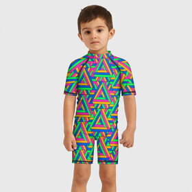 Детский купальный костюм 3D с принтом РАЗНОЦВЕТНЫЕ ТРЕУГОЛЬНИКИ в Тюмени, Полиэстер 85%, Спандекс 15% | застежка на молнии на спине | геометрия | паттерн | радуга | разноцветные | соты | текстуры | треугольники | узор | яркие
