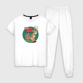 Женская пижама хлопок с принтом Tom and Jerry в Тюмени, 100% хлопок | брюки и футболка прямого кроя, без карманов, на брюках мягкая резинка на поясе и по низу штанин | tom and jerry | vdkimel | warner bros | новый год | олень | подарки | сани | санта клаус | том и джерри
