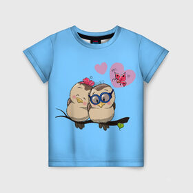 Детская футболка 3D с принтом Влюблённые пташки в Тюмени, 100% гипоаллергенный полиэфир | прямой крой, круглый вырез горловины, длина до линии бедер, чуть спущенное плечо, ткань немного тянется | влюблённые птички. | воробушки | любовь | птицы | сердечки