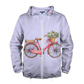 Мужская ветровка 3D с принтом Bicycle в Тюмени, 100% полиэстер | подол и капюшон оформлены резинкой с фиксаторами, два кармана без застежек по бокам, один потайной карман на груди | букет | велосипед | лето | цветы
