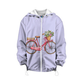 Детская куртка 3D с принтом Bicycle в Тюмени, 100% полиэстер | застежка — молния, подол и капюшон оформлены резинкой с фиксаторами, по бокам — два кармана без застежек, один потайной карман на груди, плотность верхнего слоя — 90 г/м2; плотность флисового подклада — 260 г/м2 | букет | велосипед | лето | цветы