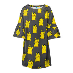 Детское платье 3D с принтом Пикачу эмодзи в Тюмени, 100% полиэстер | прямой силуэт, чуть расширенный к низу. Круглая горловина, на рукавах — воланы | Тематика изображения на принте: baby | cartoon | emoji | happy | kawaii | pika pika | pikachu | pokemon go | team | детям | зайчик | иви | кавайный | кролик | малыш | мордочка | мультяшный | персонажи аниме | пика пика | пикачу | покемоны | улыбка | ушки | щеки | эмоции | 