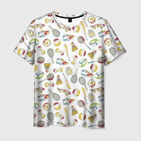 Мужская футболка 3D с принтом спорт в Тюмени, 100% полиэфир | прямой крой, круглый вырез горловины, длина до линии бедер | бита | весы | воланчик | гантеля | кроссовок | мяч | ракетка | скейт