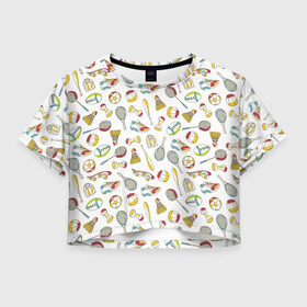 Женская футболка Crop-top 3D с принтом спорт в Тюмени, 100% полиэстер | круглая горловина, длина футболки до линии талии, рукава с отворотами | бита | весы | воланчик | гантеля | кроссовок | мяч | ракетка | скейт
