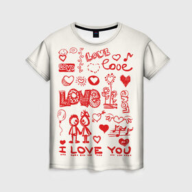 Женская футболка 3D с принтом Детская любовь, в Тюмени, 100% полиэфир ( синтетическое хлопкоподобное полотно) | прямой крой, круглый вырез горловины, длина до линии бедер | дети | детские рисунки | любовь | сердечки | я тебя люблю.