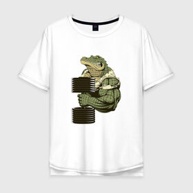 Мужская футболка хлопок Oversize с принтом Крокодил в Тюмени, 100% хлопок | свободный крой, круглый ворот, “спинка” длиннее передней части | злой крокодил | крокодил | крокодил с гантелей | мускулистый крокодил | сильный крокодил