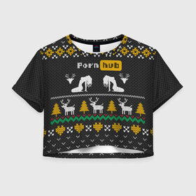 Женская футболка Crop-top 3D с принтом Pornhub свитер с оленями в Тюмени, 100% полиэстер | круглая горловина, длина футболки до линии талии, рукава с отворотами | 2021 | knit | knitted | merch | new year | sweater | ugly sweater | вязанный | вязяный | зимний | лого | логотип | мерч | новый год | олени | рождественский | рождественский свитер | рождес