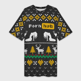 Платье-футболка 3D с принтом Pornhub свитер с оленями в Тюмени,  |  | 2021 | knit | knitted | merch | new year | sweater | ugly sweater | вязанный | вязяный | зимний | лого | логотип | мерч | новый год | олени | рождественский | рождественский свитер | рождес