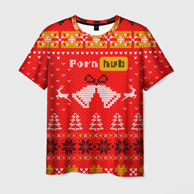 Мужская футболка 3D с принтом Pornhub рождественский свитер в Тюмени, 100% полиэфир | прямой крой, круглый вырез горловины, длина до линии бедер | 2021 | christmas | knit | knitted | merch | new year | sweater | ugly sweater | вязанный | вязяный | зимний | лого | логотип | мерч | новый год | олени | рождественский | рождество