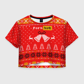 Женская футболка Crop-top 3D с принтом Pornhub рождественский свитер в Тюмени, 100% полиэстер | круглая горловина, длина футболки до линии талии, рукава с отворотами | 2021 | christmas | knit | knitted | merch | new year | sweater | ugly sweater | вязанный | вязяный | зимний | лого | логотип | мерч | новый год | олени | рождественский | рождество