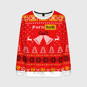 Женский свитшот 3D с принтом Pornhub рождественский свитер в Тюмени, 100% полиэстер с мягким внутренним слоем | круглый вырез горловины, мягкая резинка на манжетах и поясе, свободная посадка по фигуре | 2021 | christmas | knit | knitted | merch | new year | sweater | ugly sweater | вязанный | вязяный | зимний | лого | логотип | мерч | новый год | олени | рождественский | рождество