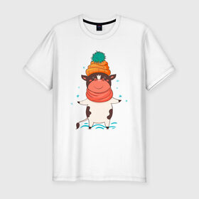Мужская футболка хлопок Slim с принтом Довольный бык в Тюмени, 92% хлопок, 8% лайкра | приталенный силуэт, круглый вырез ворота, длина до линии бедра, короткий рукав | 
