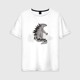 Женская футболка хлопок Oversize с принтом Годзилла в Тюмени, 100% хлопок | свободный крой, круглый ворот, спущенный рукав, длина до линии бедер
 | гадзила | годзила | годзилла | динозавр | динозавры | дракон | драконы | фильм | фильмы | япония | японское