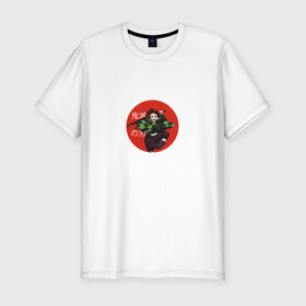 Мужская футболка хлопок Slim с принтом Demon Slayer в Тюмени, 92% хлопок, 8% лайкра | приталенный силуэт, круглый вырез ворота, длина до линии бедра, короткий рукав | anime | demon slayer | аниме | герой | демон | манга | мультик | мультфильм | надпись на японском | персонаж | танджиро камадо