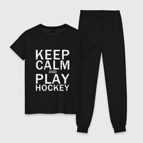 Женская пижама хлопок с принтом K.C.a. Play Hockey в Тюмени, 100% хлопок | брюки и футболка прямого кроя, без карманов, на брюках мягкая резинка на поясе и по низу штанин | and | calm | hockey | ice | keep | play | sport | sports | и | играй | сохраняй | спокойствие | спорт | хокей | хоккей
