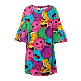 Детское платье 3D с принтом Pattern в Тюмени, 100% полиэстер | прямой силуэт, чуть расширенный к низу. Круглая горловина, на рукавах — воланы | color | cool | eyes | face | heart | hype | pattern | smile | tongue | глаза | круто | лицо | сердце | узор | улыбка | хайп | цвет | язык