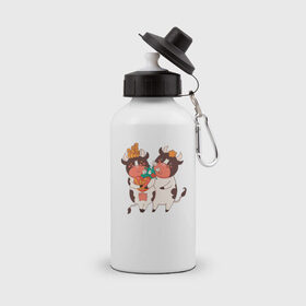 Бутылка спортивная с принтом Влюбленные бычок и корова в Тюмени, металл | емкость — 500 мл, в комплекте две пластиковые крышки и карабин для крепления | Тематика изображения на принте: 