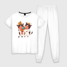 Женская пижама хлопок с принтом Влюбленные бычок и корова в Тюмени, 100% хлопок | брюки и футболка прямого кроя, без карманов, на брюках мягкая резинка на поясе и по низу штанин | 