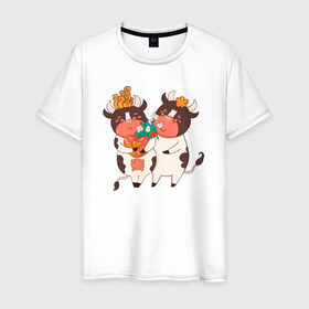 Мужская футболка хлопок с принтом Влюбленные бычок и корова в Тюмени, 100% хлопок | прямой крой, круглый вырез горловины, длина до линии бедер, слегка спущенное плечо. | 