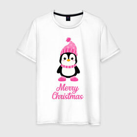 Мужская футболка хлопок с принтом Пингвин в Тюмени, 100% хлопок | прямой крой, круглый вырез горловины, длина до линии бедер, слегка спущенное плечо. | 2021 | merry christmas | белка | год быка | дед мороз | детская | дух  рождества | дух нового года | енот | животное | лиса | милый пингвин | новогодняя | пенгвин | пингвин | пингвиненок | пингвины | праздник