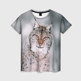 Женская футболка 3D с принтом Рысь в Тюмени, 100% полиэфир ( синтетическое хлопкоподобное полотно) | прямой крой, круглый вырез горловины, длина до линии бедер | cat | животные | звири | кис | киска | кот | котейка | котик | коты | котяра | кошка | кошки | природа | рысь
