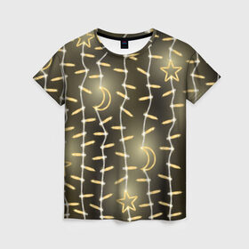 Женская футболка 3D с принтом Золотая Гирлянда в Тюмени, 100% полиэфир ( синтетическое хлопкоподобное полотно) | прямой крой, круглый вырез горловины, длина до линии бедер | 