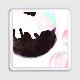 Магнит 55*55 с принтом Котик в пузыре, черный в Тюмени, Пластик | Размер: 65*65 мм; Размер печати: 55*55 мм | звери | котики | коты | кошки | милый | подарок | пузырь | черный