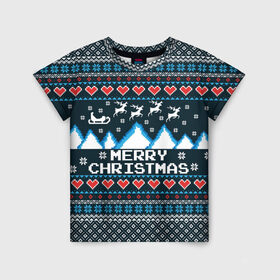 Детская футболка 3D с принтом Свитер Merry Christmas в Тюмени, 100% гипоаллергенный полиэфир | прямой крой, круглый вырез горловины, длина до линии бедер, чуть спущенное плечо, ткань немного тянется | 8бит | merry christmas | вязаный | горы | новый год | олени | пиксельный | ретро | рождество | свитер | узор