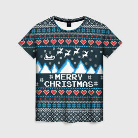 Женская футболка 3D с принтом Свитер Merry Christmas в Тюмени, 100% полиэфир ( синтетическое хлопкоподобное полотно) | прямой крой, круглый вырез горловины, длина до линии бедер | 8бит | merry christmas | вязаный | горы | новый год | олени | пиксельный | ретро | рождество | свитер | узор