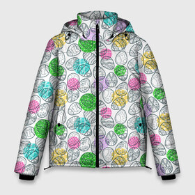 Мужская зимняя куртка 3D с принтом Пасхальные яйца в Тюмени, верх — 100% полиэстер; подкладка — 100% полиэстер; утеплитель — 100% полиэстер | длина ниже бедра, свободный силуэт Оверсайз. Есть воротник-стойка, отстегивающийся капюшон и ветрозащитная планка. 

Боковые карманы с листочкой на кнопках и внутренний карман на молнии. | cage | easter | eggs | flowers | lines | pattern | peas | rabbit | spiral | горох | клетка | кролик | линии | пасха | спираль | узор | цветы | яйца