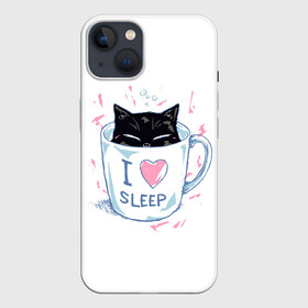 Чехол для iPhone 13 с принтом Я Люблю Спать в Тюмени,  |  | Тематика изображения на принте: cat | cats | coffee | i | love | nekoffee | night | sleep | вечер | жарко | зима | кот | котенок | котик | котэ | котяра | котята | кофе | кошка | люблю | любовь | нежное | нежный | ночь | сон | спать | тепло | холод | холодно | я