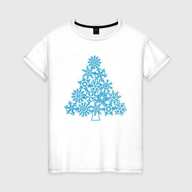 Женская футболка хлопок с принтом Новогодняя елка из снежинок в Тюмени, 100% хлопок | прямой крой, круглый вырез горловины, длина до линии бедер, слегка спущенное плечо | 