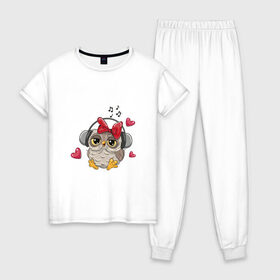 Женская пижама хлопок с принтом Музыкальная совушка в Тюмени, 100% хлопок | брюки и футболка прямого кроя, без карманов, на брюках мягкая резинка на поясе и по низу штанин | 