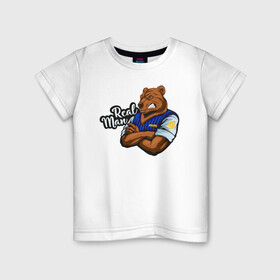 Детская футболка хлопок с принтом Крутой медведь mr.Bear. в Тюмени, 100% хлопок | круглый вырез горловины, полуприлегающий силуэт, длина до линии бедер | 23 февраля | bear | real man | военный | дерзкий | клыки | крутой | медведь | милиция | мишка | мужик | мускулы | опасный | парень | прикольный | реальный | русский | сильный