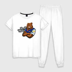 Женская пижама хлопок с принтом Крутой медведь mr Bear в Тюмени, 100% хлопок | брюки и футболка прямого кроя, без карманов, на брюках мягкая резинка на поясе и по низу штанин | 23 февраля | bear | real man | военный | дерзкий | клыки | крутой | медведь | милиция | мишка | мужик | мускулы | опасный | парень | прикольный | реальный | русский | сильный