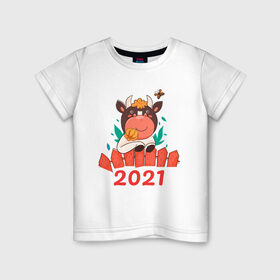 Детская футболка хлопок с принтом Довольный бык 2021 в Тюмени, 100% хлопок | круглый вырез горловины, полуприлегающий силуэт, длина до линии бедер | Тематика изображения на принте: 