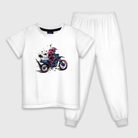 Детская пижама хлопок с принтом Мотокросс в Тюмени, 100% хлопок |  брюки и футболка прямого кроя, без карманов, на брюках мягкая резинка на поясе и по низу штанин
 | moto | motocross | motorcycle | мото | мотокросс | мотоцикл | мотоциклист | мотоциклисты | мотоциклы | неон | череп | шлем